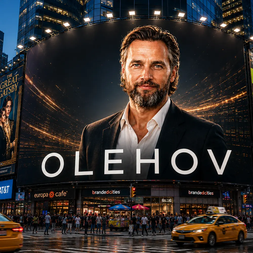 Олег Посохов — портрет на билборде в стиле Таймс-сквер